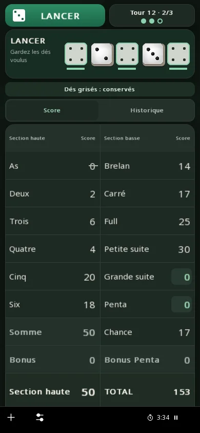 Partie en cours sur téléphone, vers la fin de la partie, après le deuxième lancer : les cinq dés en haut, les trois quatre gardés, le bouton Lancer, et la feuille de marque en deux colonnes, section haute et section basse.